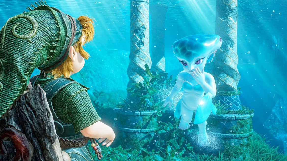 Young Link Talking To Princess Ruto Underwater In The Zelda Ocarina Of Time Remake On Switch 2 Scaled